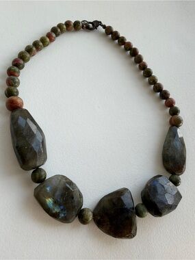 Beaded gemstone necklace faceted labradorite stones & green moss agate beads